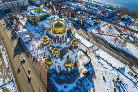 Temple on Blood at Yekaterinburg in Winter in sunny day. At the temple are written the lines of ancient prayers in the Old Slavonic language. Aerial view. Yekaterinburg, Russiaの写真素材