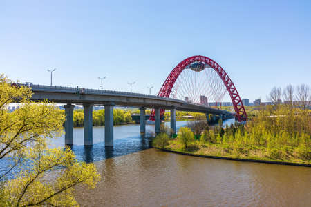 Zhivopisny suspension bridge landscape in Moscow, Russia. It is the first cable-stayed bridge in Moscowの写真素材