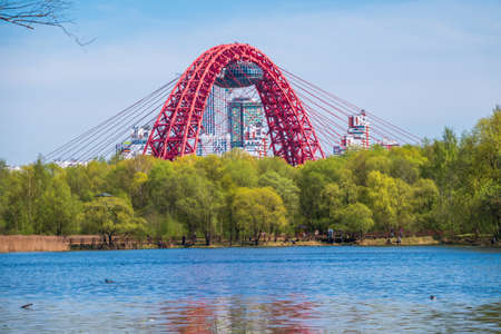View of the Zhivopisny Bridge from Serebryany Bor. Green Russian nature in spring Moscow, Serebryany bor and Zhivopisny bridgeの写真素材