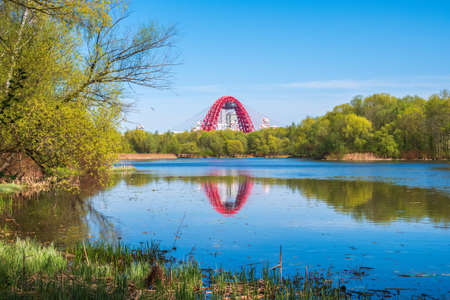 View of the Zhivopisny Bridge from Serebryany Bor. Green Russian nature in spring Moscow, Serebryany bor and Zhivopisny bridgeの写真素材