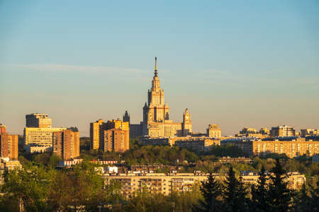Aerial view of Moscow state university at sunset light. The main building of Lomonosov Moscow State University at sunset in spring. Moscow, Russiaの写真素材