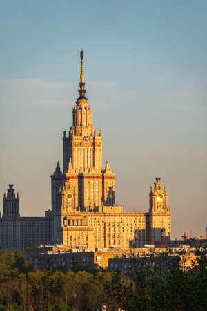 Aerial view of Moscow state university at sunset light. The main building of Lomonosov Moscow State University at sunset in spring. Moscow, Russiaの写真素材