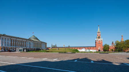 Spasskaya Tower viewed inside Kremlin, Moscow, Russia. Moscow kremlin inside in sunny spring day. Spasskaya Towerの写真素材
