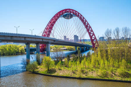 Zhivopisny suspension bridge landscape in Moscow, Russia. It is the first cable-stayed bridge in Moscowの写真素材