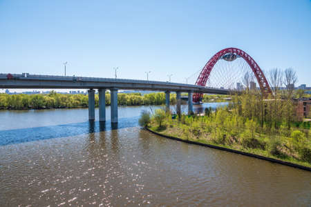 Zhivopisny suspension bridge landscape in Moscow, Russia. It is the first cable-stayed bridge in Moscowの写真素材