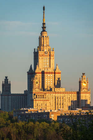Aerial view of Moscow state university at sunset light. The main building of Lomonosov Moscow State University at sunset in spring. Moscow, Russiaの写真素材