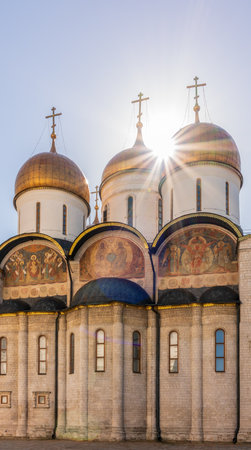 The Dormition Cathedral in Moscow Kremlin, also known as the Assumption Cathedral or Cathedral of the Assumption. Cathedral of Dormition is Russian Orthodox church dedicated to Dormition of Theotokosの写真素材