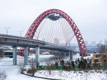 Zhivopisny suspension bridge winter landscape in Moscow, Russia. It is the first cable-stayed bridge in Moscowの写真素材