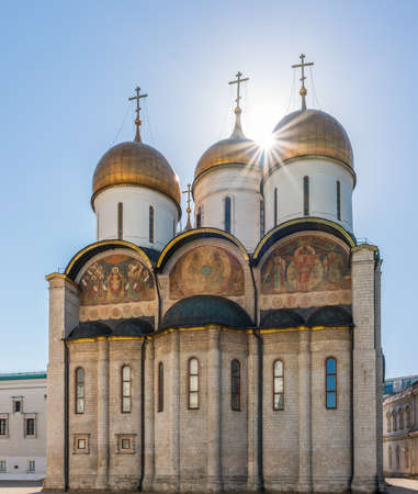 The Dormition Cathedral in Moscow Kremlin, also known as the Assumption Cathedral or Cathedral of the Assumption. Cathedral of Dormition is Russian Orthodox church dedicated to Dormition of Theotokosの写真素材