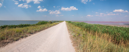 The road between the sea and pink salt lake. Road between two salt lakesの写真素材
