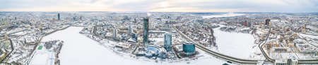 Yekaterinburg aerial panoramic view at Winter in cloudy day. Ekaterinburg is the fourth largest city in Russia located in the Eurasian continent on the border of Europe and Asia. Yekaterinburg, Russiaの写真素材