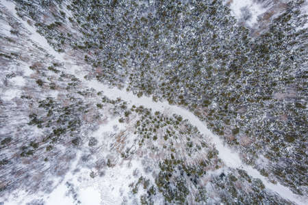 Aerial view of the road in the winter forest with high pine or spruce trees covered by snow. Driving in winter. Natural winter landscape from air. Forest under snow a winter time.の写真素材