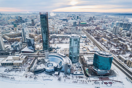Yekaterinburg aerial panoramic view in Winter at sunset. Yekaterinburg city and pond in winter. Yekaterinburg, Russiaの写真素材