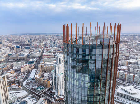 Yekaterinburg skyscraper aerial panoramic view in cloudy day. Ekaterinburg is the fourth largest city in Russia located in the Eurasia on the border of Europe and Asia. Yekaterinburg, Russiaの写真素材
