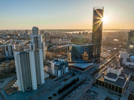 Yekaterinburg aerial panoramic view in Winter at sunset. Yekaterinburg city and pond in winter. Yekaterinburg, Russiaの写真素材