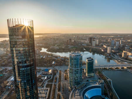 Yekaterinburg aerial panoramic view in Winter at sunset. Yekaterinburg city and pond in winter. Yekaterinburg, Russiaの写真素材