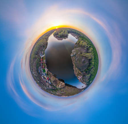 Confluence of the Iset and Kamenka rivers in the city Kamensk-Uralskiy. Iset and Kamenka rivers, Kamensk-Uralskiy, Sverdlovsk region, Ural mountains, Russia. aerial view. Little planet sphere mode.の写真素材