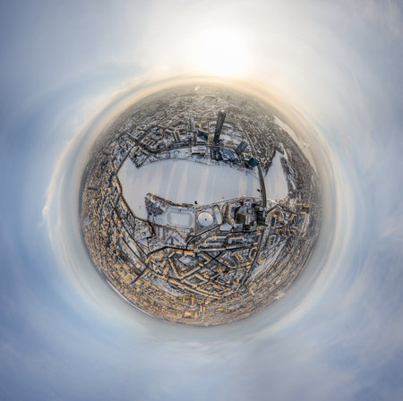 Aerial winter city view, Little planet sphere mode. Yekaterinburg city with Buildings of Parliament, Dramatic Theatre, Iset Tower, Yeltsin Center. Spherical panorama of the city. Yekaterinburg, Russiaの写真素材