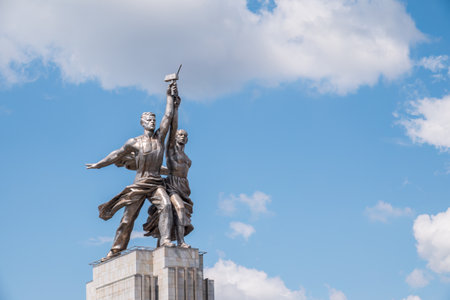 Moscow, Russia - July 17, 2022: Famous Soviet monument Worker and Kolkhoz Woman or Collective Farm Woman of sculptor Vera Mukhina in Moscow, Russia. Made of stainless steel in 1937. Russian artのeditorial素材