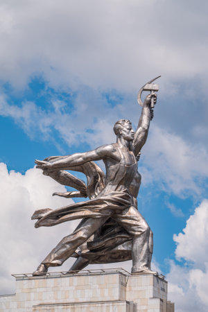 Moscow, Russia - July 17, 2022: Famous Soviet monument Worker and Kolkhoz Woman or Collective Farm Woman of sculptor Vera Mukhina in Moscow, Russia. Made of stainless steel in 1937. Russian artのeditorial素材