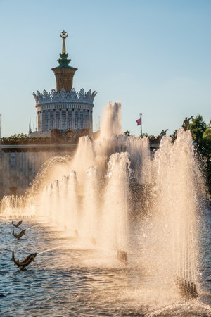 Moscow, Russia - July 17, 2022: Stone Flower fountain and pavilion Ukraine in Exhibition of economic achievements, VDNKh, Moscow, Russia. Splashes of water against light background.のeditorial素材