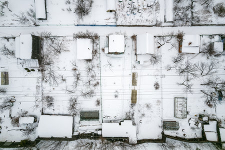 Aerial view of coniferous winter forest and a small houses.. Flying above frozen trees and snow covered ground of dense forest and a small houses for glamping. Top view natural landscape from drone 4kの写真素材
