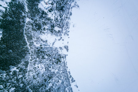 Snow-covered forest on lake shore with ice at sunset, aerial view. Beautiful winter forest landscape. picturesque northern nature.の写真素材
