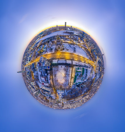 Aerial winter city view, Little planet sphere mode. Yekaterinburg city with Buildings of Parliament, Dramatic Theatre, Iset Tower, Yeltsin Center. Spherical panorama of the city. Yekaterinburg, Russiaの写真素材
