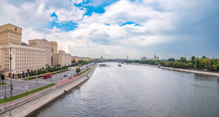 View of the Ministry of Defense of Russian Federation, and Moscow river embakment. Translation of the inscription on the facade - Ministry of Defense of the Russian Federationの写真素材