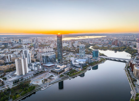Yekaterinburg city and pond aerial panoramic view at summer or early autumn sunset. Night city in the early autumn. Yekaterinburg, Russia. aerial view.の写真素材