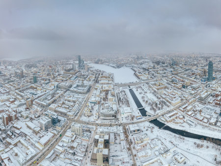 Yekaterinburg aerial panoramic view at Winter in cloudy day. Ekaterinburg is the fourth largest city in Russia located in the Eurasian continent on the border of Europe and Asia. Yekaterinburg, Russiaの写真素材