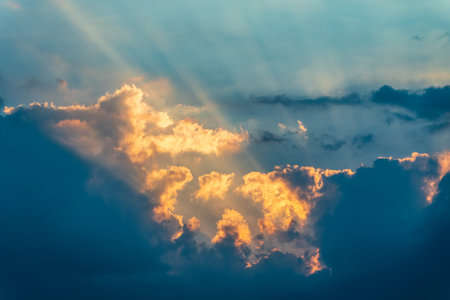 Dramatic cloudy sky background. Orange cloudy sunset sky. Natural photo background
