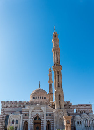 Beautiful Al Mustafa Mosque in Old Town of Sharm El Sheikh in Egypt, at sunset. Front view of the El Sahaba Mosque in Sharm El Sheikhの写真素材