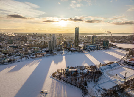 Yekaterinburg aerial panoramic view in Winter at sunset. Yekaterinburg city and pond in winter. Yekaterinburg, Russiaの写真素材
