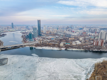 Yekaterinburg aerial panoramic view in spring at sunset. Yekaterinburg city and pond in spring or autumn. Yekaterinburg, Russiaの写真素材
