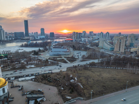 Yekaterinburg aerial panoramic view at spring in cloudy day. Ekaterinburg is the fourth largest city in Russia located in the Eurasian continent on the border of Europe and Asia. Yekaterinburg, Russiaの写真素材