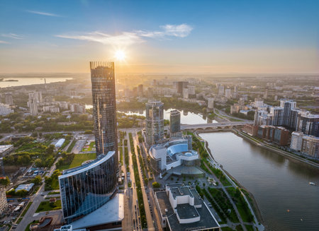 Yekaterinburg city and pond aerial panoramic view at summer sunset. Yekaterinburg, Russiaの写真素材