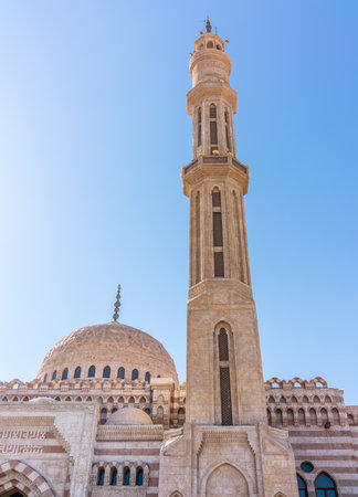 Beautiful Al Mustafa Mosque in Old Town of Sharm El Sheikh in Egypt, at sunset. Front view of the El Sahaba Mosque in Sharm El Sheikhの写真素材