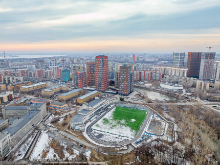 Yekaterinburg aerial panoramic view at spring in cloudy day. Ekaterinburg is the fourth largest city in Russia located in the Eurasian continent on the border of Europe and Asia. Yekaterinburg, Russiaの写真素材