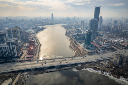 Yekaterinburg aerial panoramic view in spring at sunset. Yekaterinburg city and pond in spring or autumn. Yekaterinburg, Russiaの写真素材