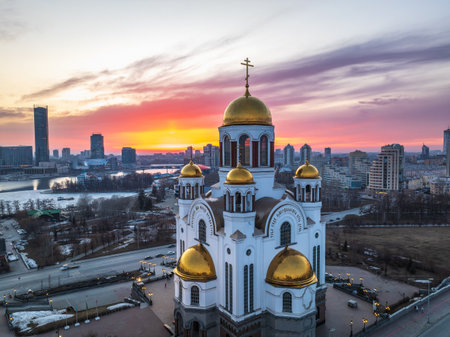 Early spring or autumn Yekaterinburg and Temple on Blood in clear sunset. Aerial view. Yekaterinburg, Russia. Translation of the text on the temple: Honest to the Lord is death of His saints.の写真素材