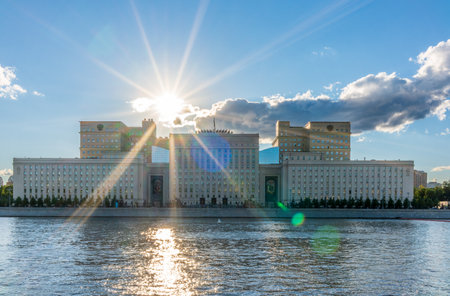 View of the Ministry of Defense of Russian Federation, and Moscow river embankment. Translation of the inscription on the facade - Ministry of Defense of the Russian Federationの写真素材