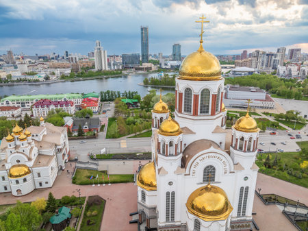 Summer Yekaterinburg and Temple on Blood in beautiful clear sunset. Aerial view. Yekaterinburg, Russia. Translation of the text on the temple: Honest to the Lord is death of His saints.の写真素材