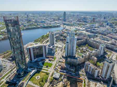 Yekaterinburg aerial panoramic view in spring at sunset. Yekaterinburg city and pond in spring or autumn. Yekaterinburg, Russiaの写真素材