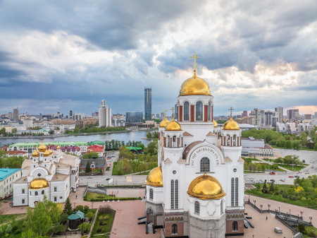 Summer Yekaterinburg and Temple on Blood in beautiful clear sunset. Aerial view. Yekaterinburg, Russia. Translation of the text on the temple: Honest to the Lord is death of His saints.の写真素材
