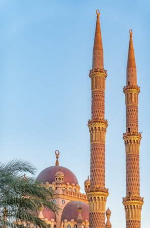 Beautiful Al Mustafa Mosque in Old Town of Sharm El Sheikh in Egypt, at sunsetの写真素材