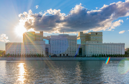 View of the Ministry of Defense of Russian Federation, and Moscow river embankment. Translation of the inscription on the facade - Ministry of Defense of the Russian Federationの写真素材