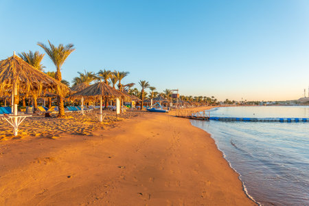 Scenic view of Naama Bay, Sharm-el-Sheikh, Egypt. Sunrise over the sea. Panoramic seascape.の写真素材