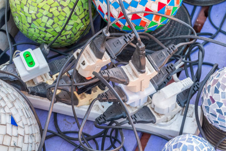Old and damaged electric adapter power plug has many appliances are plugged outlet socket concept of...