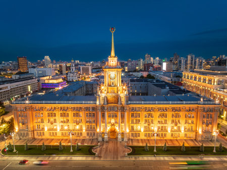 Yekaterinburg City Administration or City Hall and Central square at summer evening. Evening city in the summer sunset, Aerial View. Top view of city administration in Ekaterinburgの写真素材
